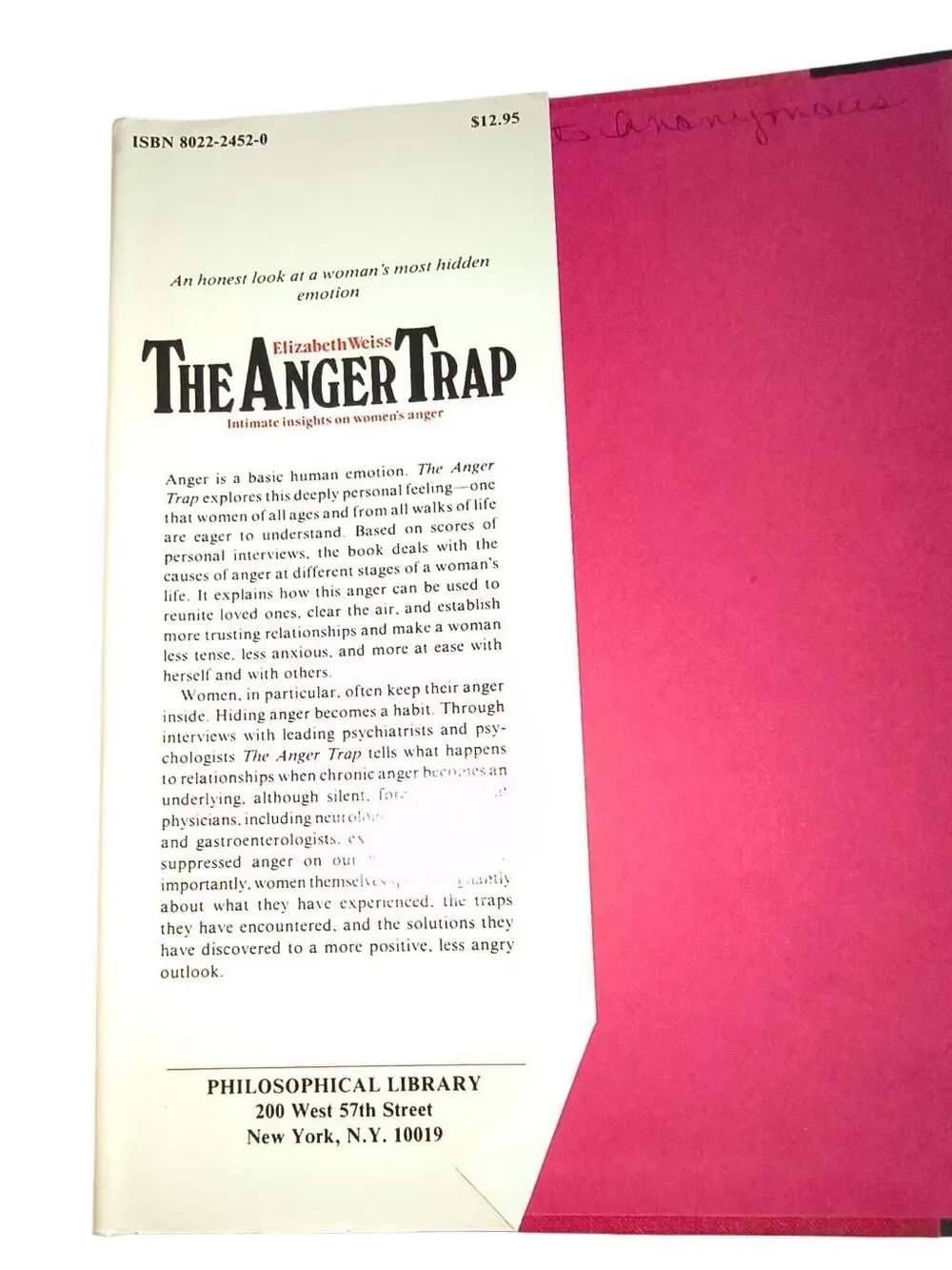 RARE The Anger Trap Women by Elizabeth Weiss Self Help 1984 HC DJ